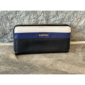 CARPISA Women's Zip Around Wallet Black Navy Cream Colorblock Gold Tone Hardware